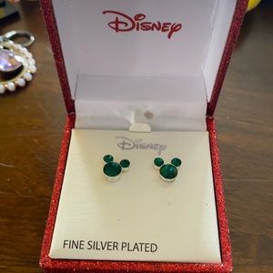 Silver plated green crystal Mickey earrings